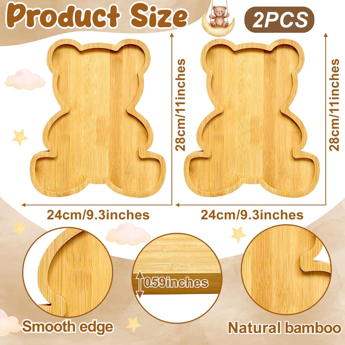 2pc Charcuterie Boards Platters Bear Baby Shower Food Trays Wooden Bear Party Decorations Gender Reveal Food Display Snack Tray Kids Birthday Party Plates Fillable Serving Board for Fruit Cheese