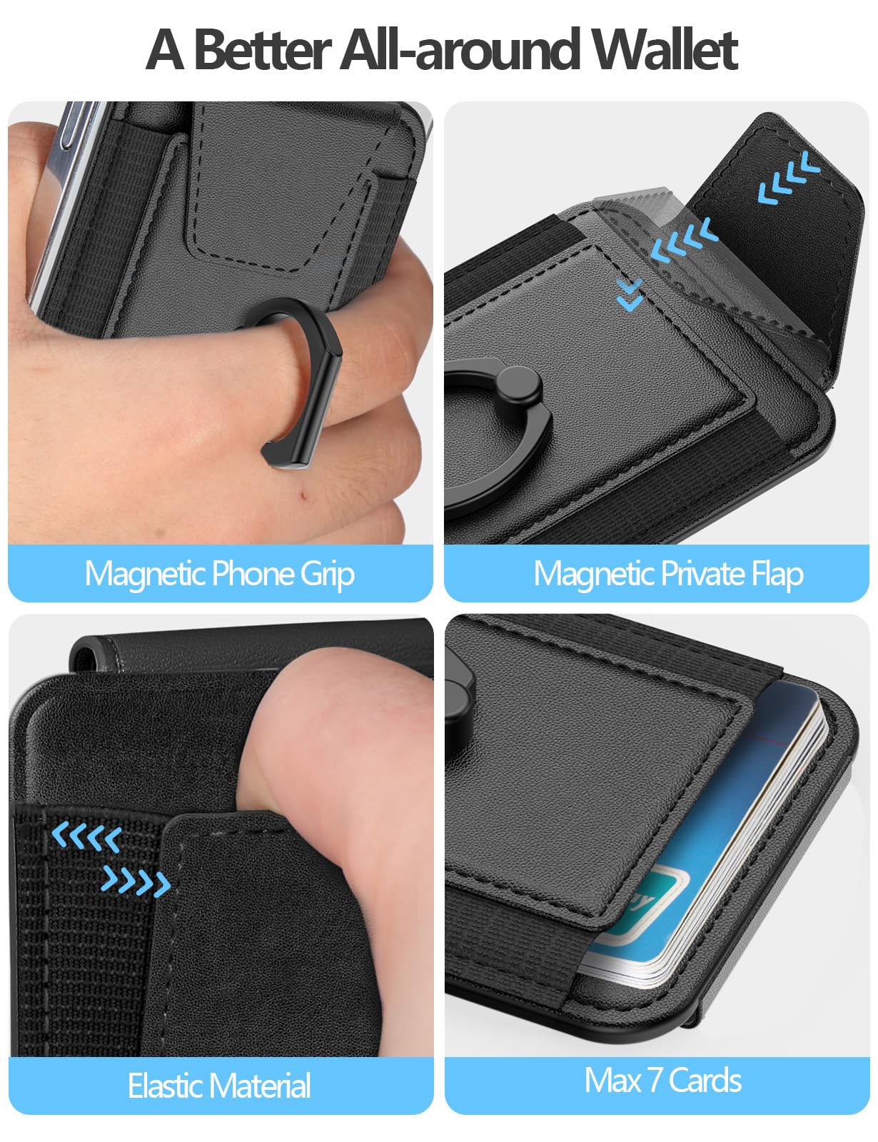 For Magsafe Wallet with Grip, 6-Card Holder, Stronger Magnetic Card Wallet Holder for iPhone 17/16/15, iPhone 14/13/12 Series, Leather Magnetic Phone Wallet with Privacy Flap, RFID Blocking, Black