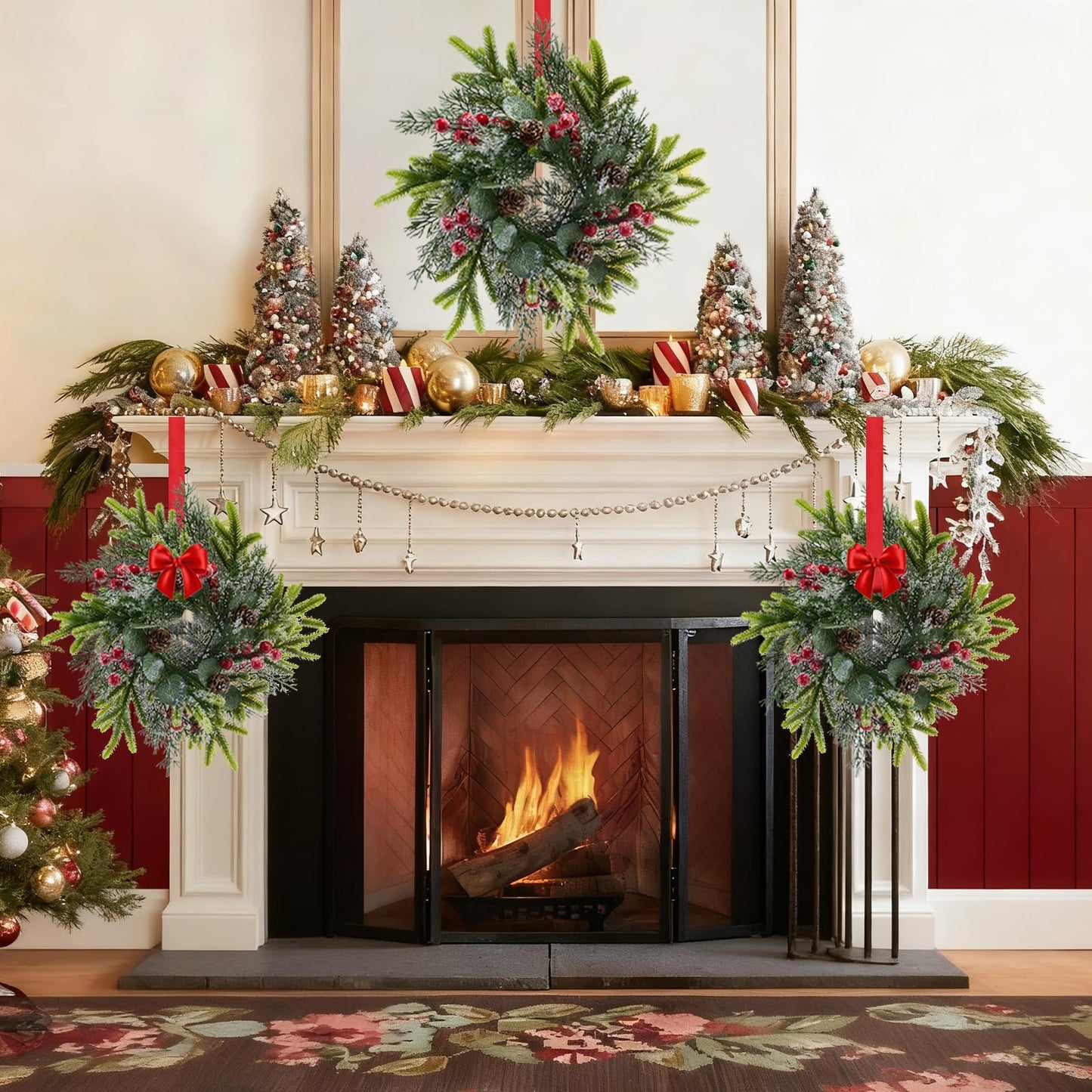 Tupetcs 9.8inch Christmas Wreath, 4Pcs Small Christmas Wreath Decorations for Home Front Door Porch Table Centerpieces Candle Rings Wall Window Cabinets Farmhouse Decorations