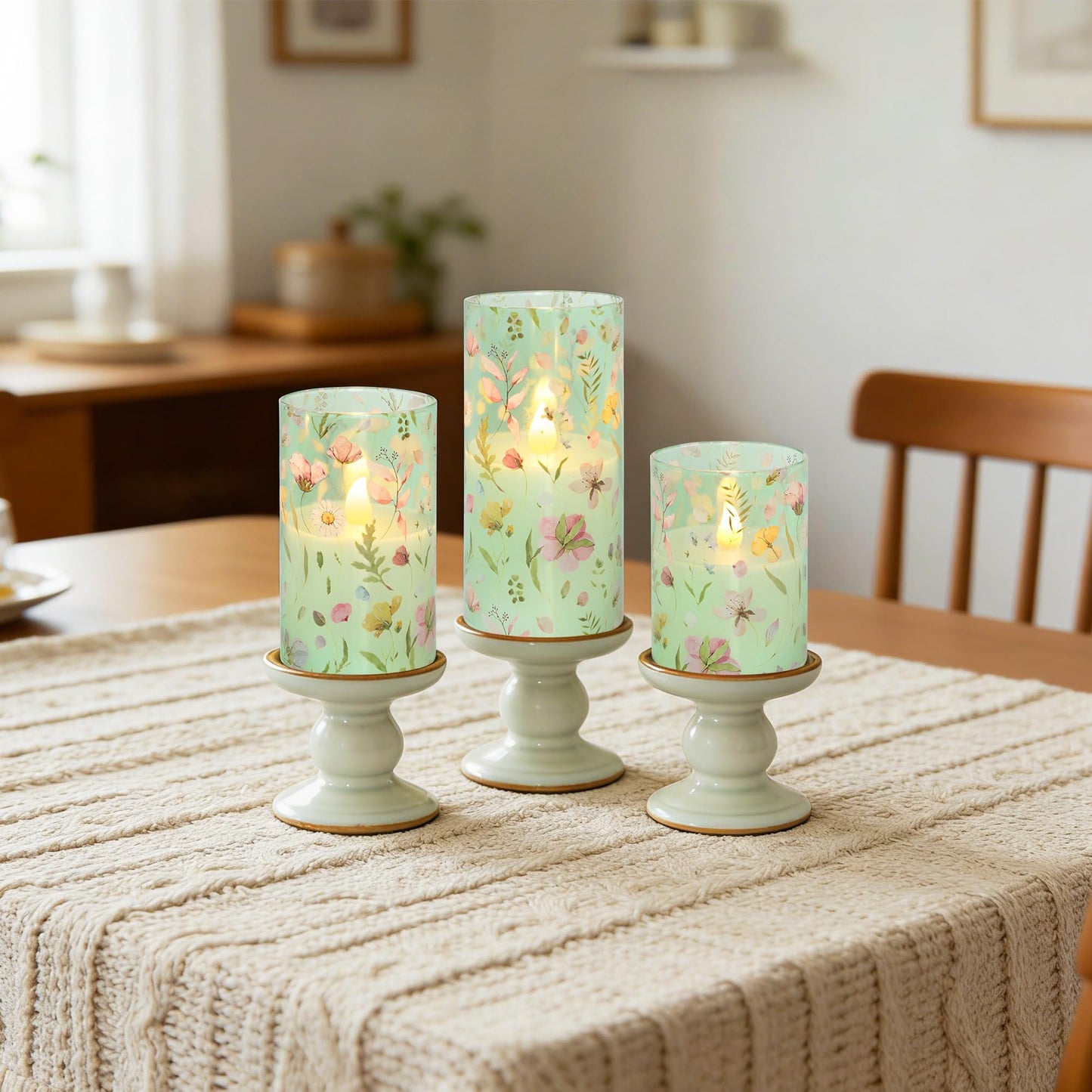 Silverstro Flameless Candles with Remote Timer, Glass Battery Operated LED Candles, Green Floral Design, Cylindrical Shape, Set of 3 for Home Party Wedding Decor