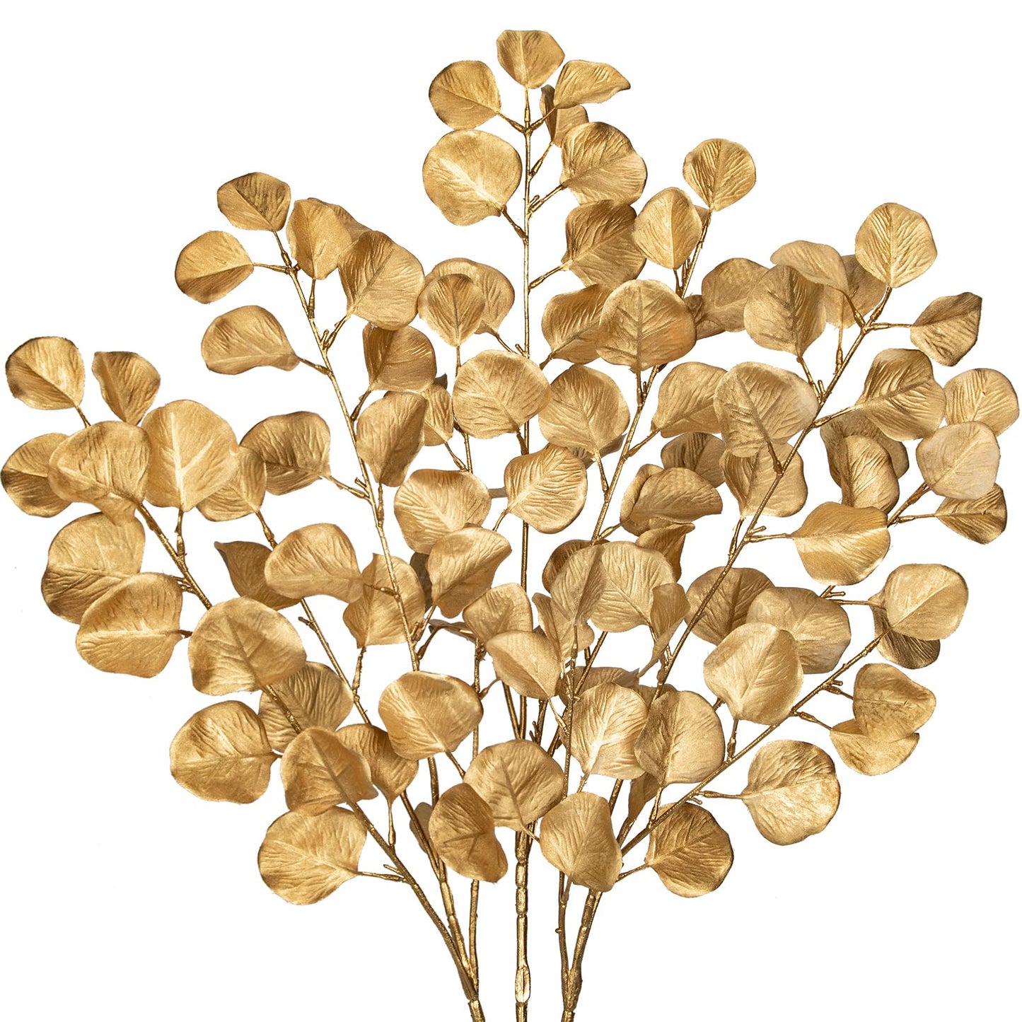 Hollyone 32” Christmas Tree Picks and Sprays 3Pcs Gold Artificial Eucalyptus Stems Eucalyptus Leaves Branches Fake Gold Leaf Floral for Vase DIY Xmas Tree Garland Wreath Centerpieces Wedding Decor