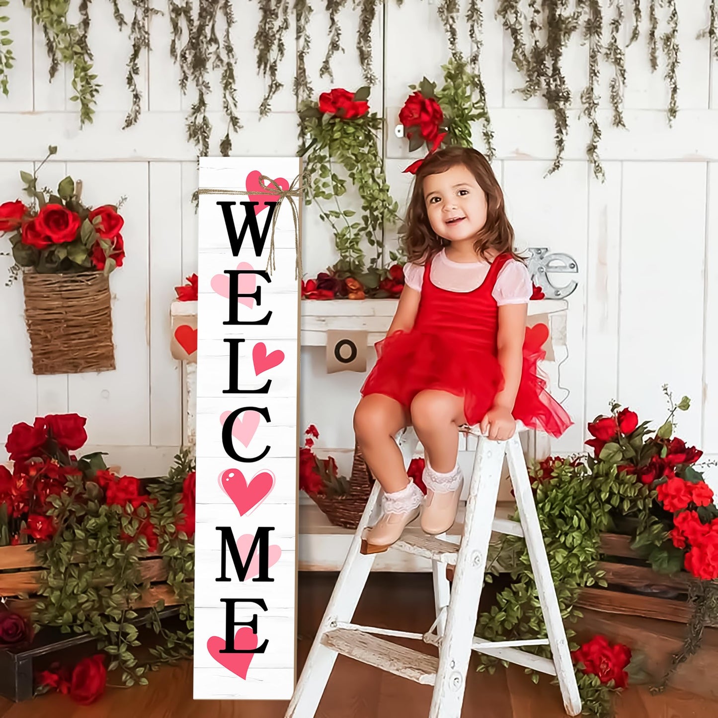 Valentine's Day Wooden Porch Sign 47" Spring Large Welcome Porch Sign for Home Front Door Yard Couple Party Decor (Red)