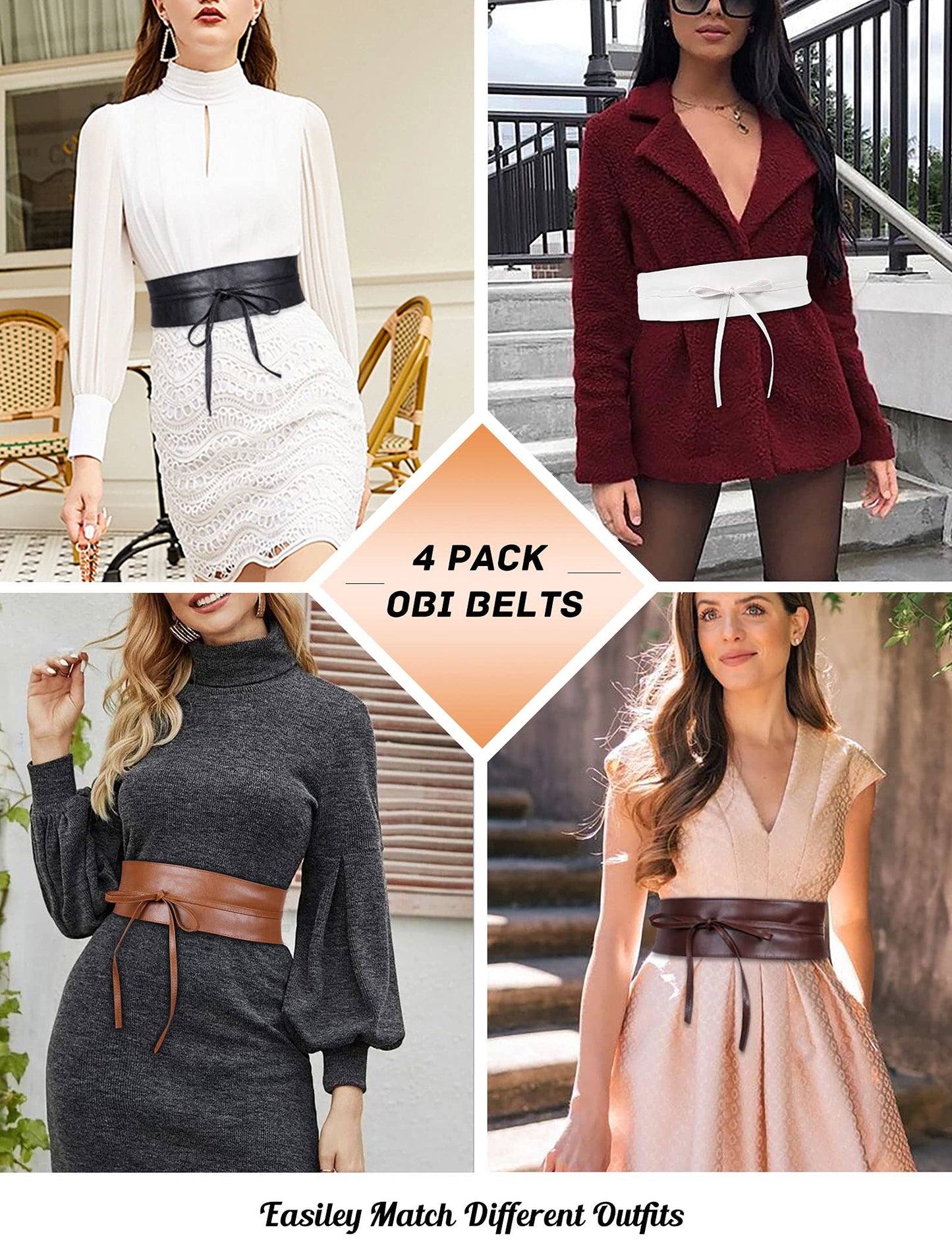 4 Pack WERFORU Women Obi Belt PU Leather Self Tie Wrap Wide Waistband Boho Belt for Costumes, Black+White+Brown+Coffee, Suit for Waist Size 25"-32"
