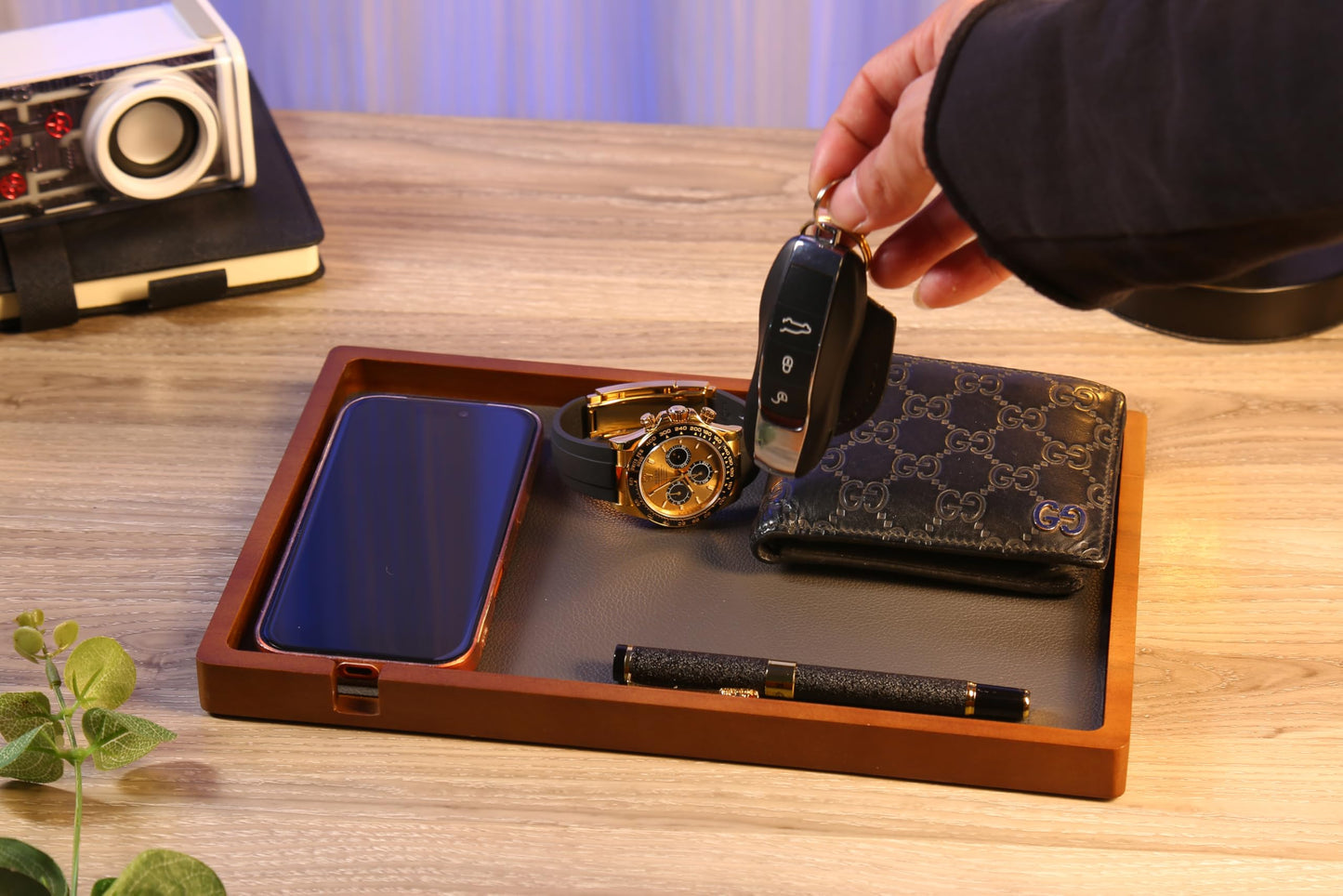 Shinpuru Wooden Valet Tray for Men, Nightstand Organizer with Leather Inlay, EDC Essentials Catchall Tray for Keys, Phone, Wallet, Watch, Earbuds - Bedside Desk Entryway Tray (Wood-Full)