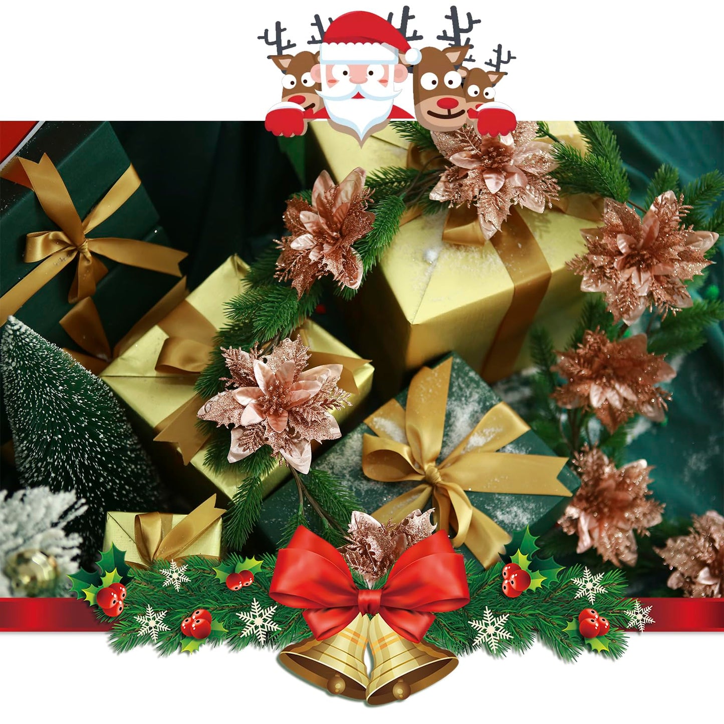 GREENTIME 12 Pcs Glitter Poinsettia 5.5" Artificial Flowers Christmas with Clips Stems Xmas Tree Ornaments for New Year Party Stairs Fireplace Porch Balcony Garden Church Wreath Decoration (Champagne)