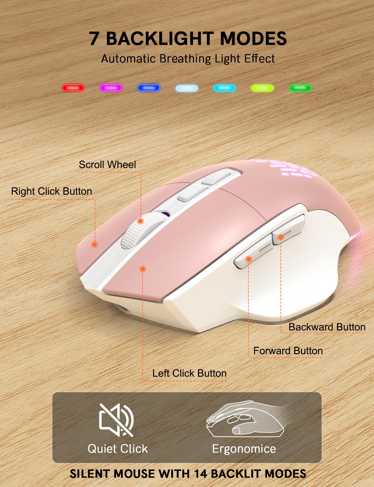 SABLUTE Wireless Keyboard and Mouse Combo Ergonomic - MA12Pro Wave Keyboard with Leather Wrist Rest for Comfortable Typing, RGB Backlit Rechargeable for Windows, Mac, PC, Laptop (Pink)
