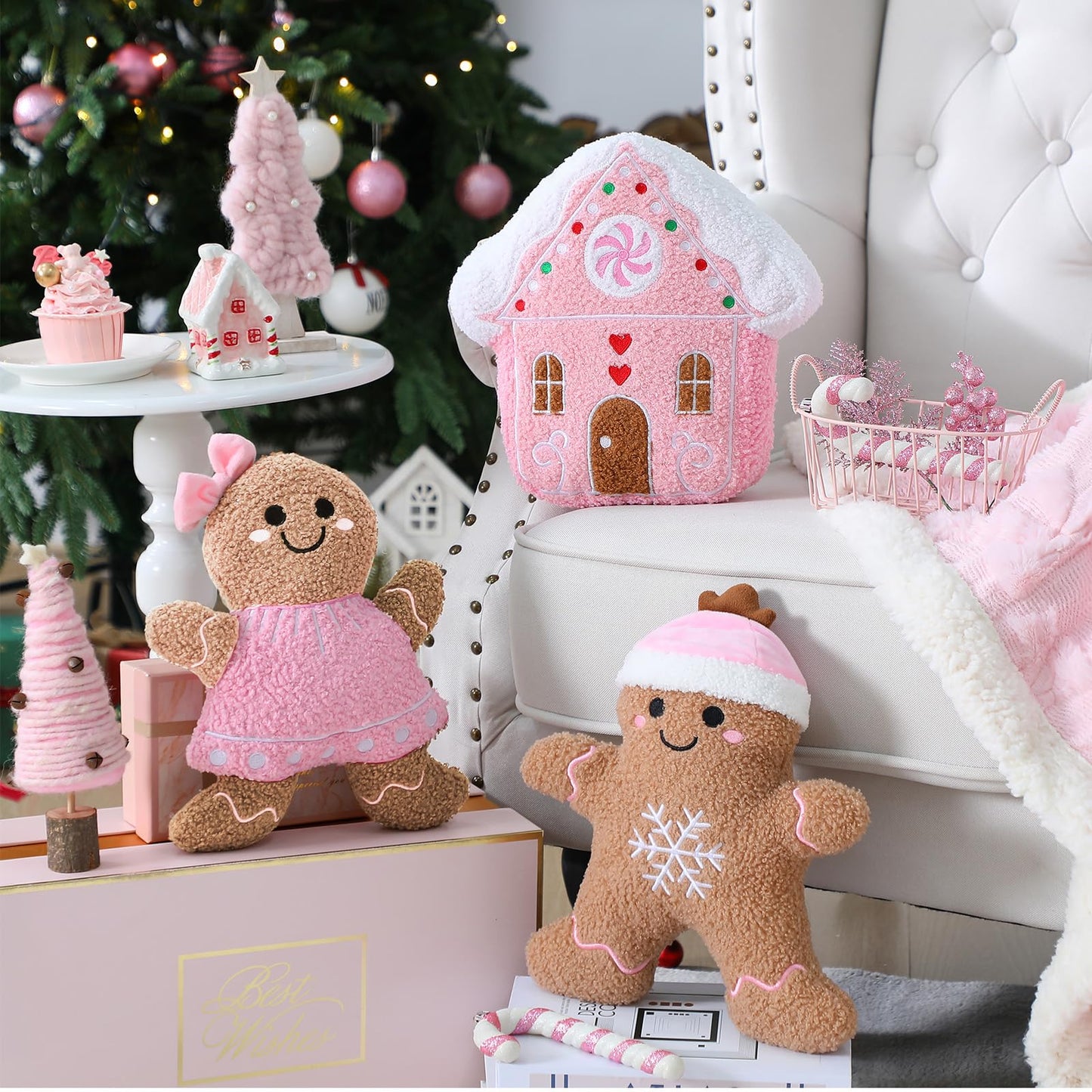 Konohan 3 Pcs Christmas Gingerbread Pillows House Man Throw Pillows Stuffed Gingerbread Shaped Pillow for Christmas Party Outdoor Cushion Decorations(Pink,Lovely Style)