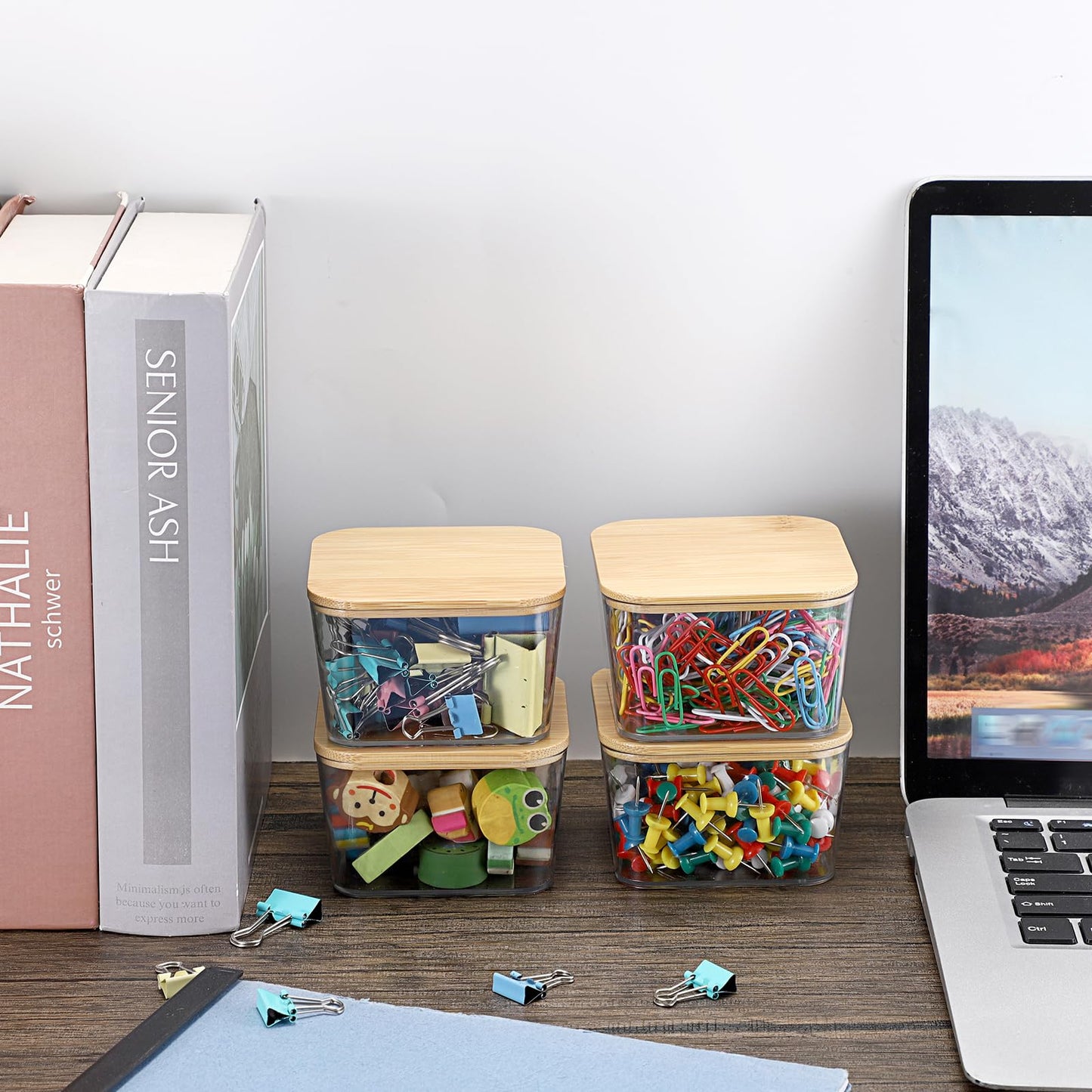 BTSKY 2 Pack Clear Stackable Paper Clip Holder with Bamboo Lid Paperclip Box Plastic Cute Office Supply Accessory Organizer Square Small Storage Holder Cute Qtip Holder for Office Bathroom Vanity
