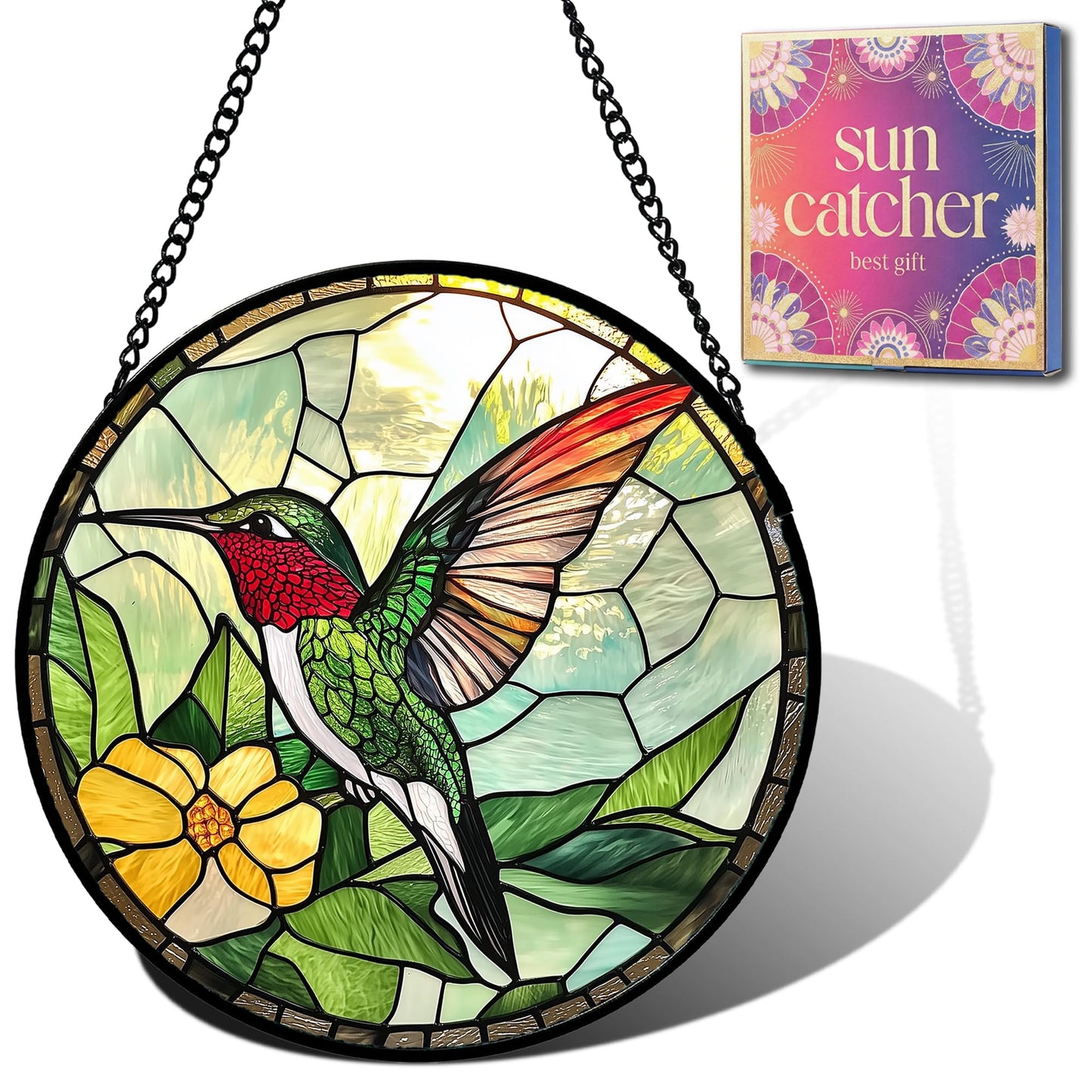 Hummingbird Gifts for Mom - Green Bird Faux Stained Glass Window Hanging Sun Catcher for Door Garden Acrylic Decor Mother's Day Birthday for Bird Lover Women Nana Men Grandma 7.8"