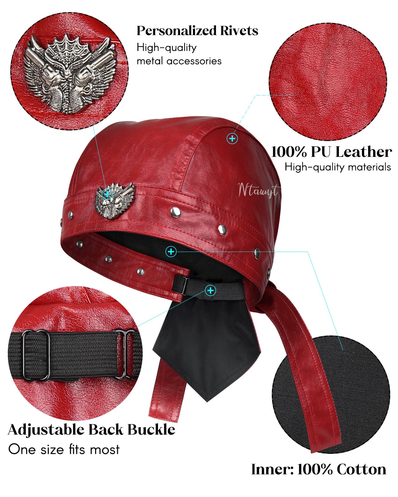 Bright Red Leather Skull Cap Adjustable - Soft Punk Biker Cap for Men Women, Classic Motorcycle Skull Cap Leather Biker Hat