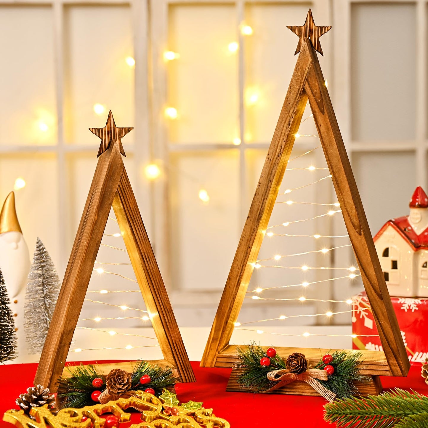 NatuBeau 2 Pcs Triangle Tabletop Wooden Christmas Tree with Lights, Modern Farmhouse Rustic Christmas Decor, Small Lighted Xmas Tree for Kitchen Mantle Shelf Living Room(14.2" Large / 11" Small)