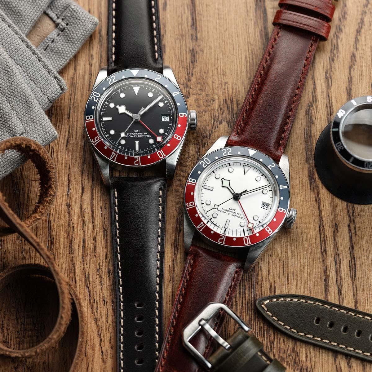 WatchGecko Tenby Classic Padded Genuine Leather QR Watch Strap [Burgundy, 20mm]