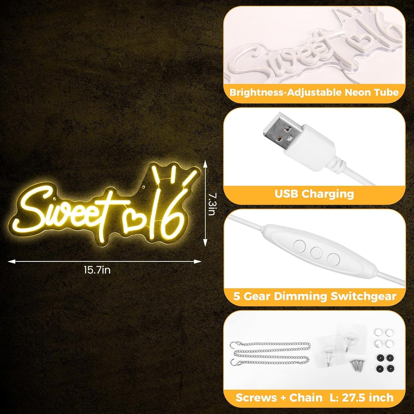 Sweet 16 Neon Sign, Cute Dimmable Light Up USB Powered LED 16th Birthday Party Neon Sign Light Hanging for Wall Decor Bedroom Sister Daughter Girl's Sixteen Party Decorations Gift (Warm White)
