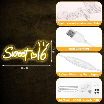 Sweet 16 Neon Sign, Cute Dimmable Light Up USB Powered LED 16th Birthday Party Neon Sign Light Hanging for Wall Decor Bedroom Sister Daughter Girl's Sixteen Party Decorations Gift (Warm White)