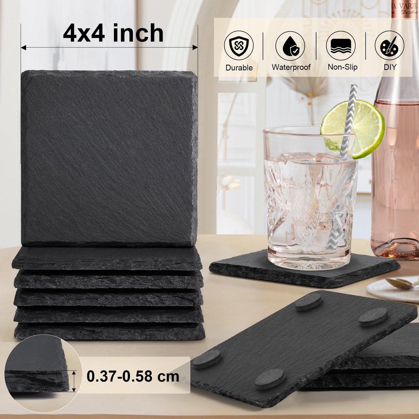 MAPRIAL Slate Drink Coasters with Holder, 4 Inch 12 Pieces Square Rustic Coasters Black Stone Coaster Set with Anti-Scratch Backing for Laser Engraving, Home Decor, Kitchen, Protect Table, Gifts