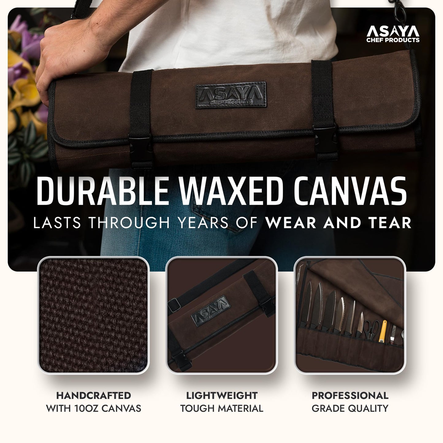 Asaya Waxed Canvas Chef Knife Roll Bag with 10 Slots and a Zipper Pocket - Professional Chef Knife Bag & Storage Case, with Shoulder Strap - Knives Not Included (Brown)