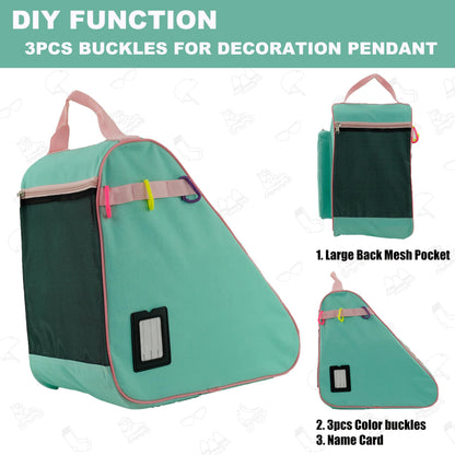 HEXIFUL Skate Bag to Carry Ice Skates, Inline Skates, Roller Skates and Quad Skates for Both Kids and Adults (Mint/Pink)