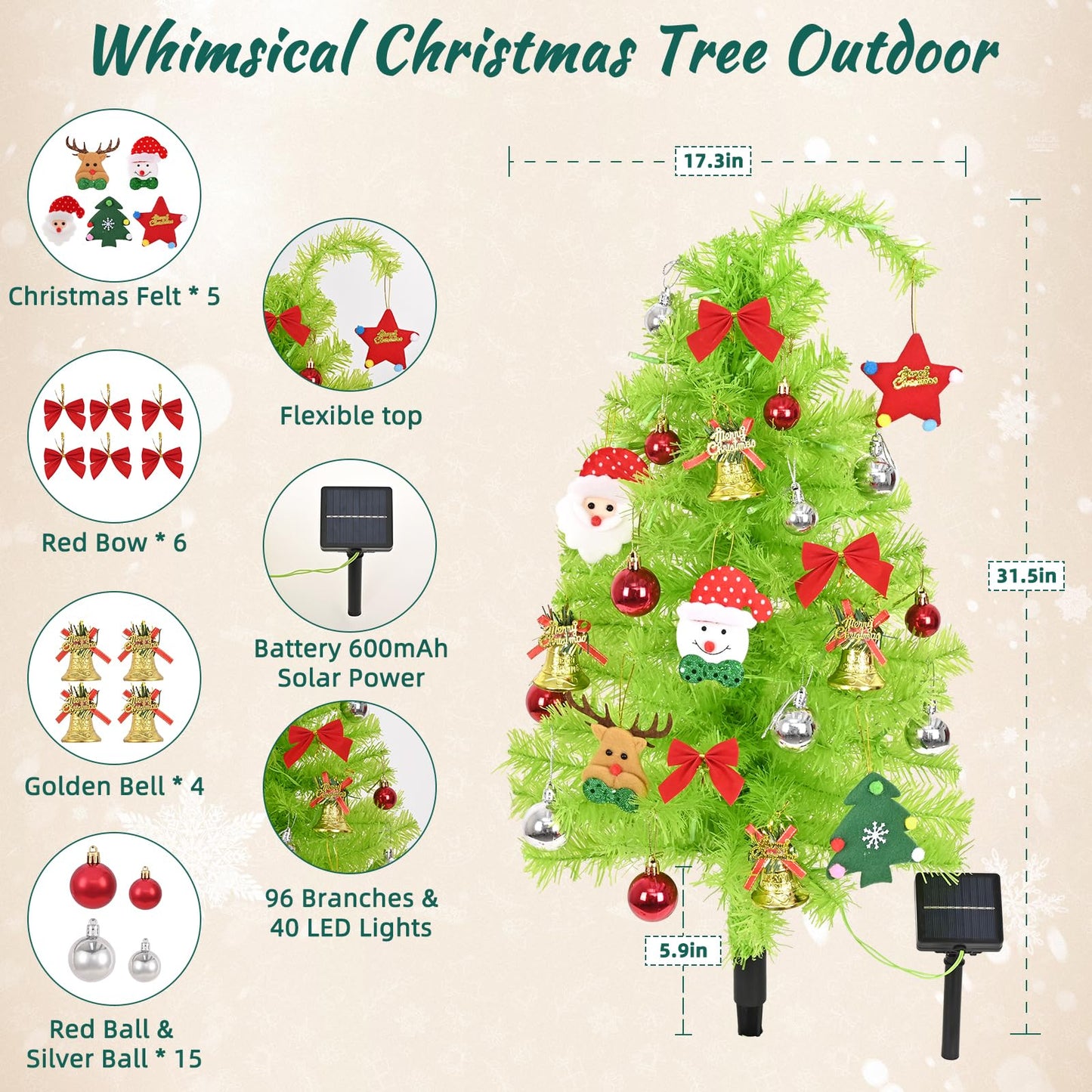 2 Pack Solar Christmas Tree, 31.5" Outdoor Whimsical Christmas Tree, Bendable Xmas Trees with LED Light & Ornaments, Waterproof Solar Christmas Lights for Yard, Pathway, Outdoor Christmas Decor