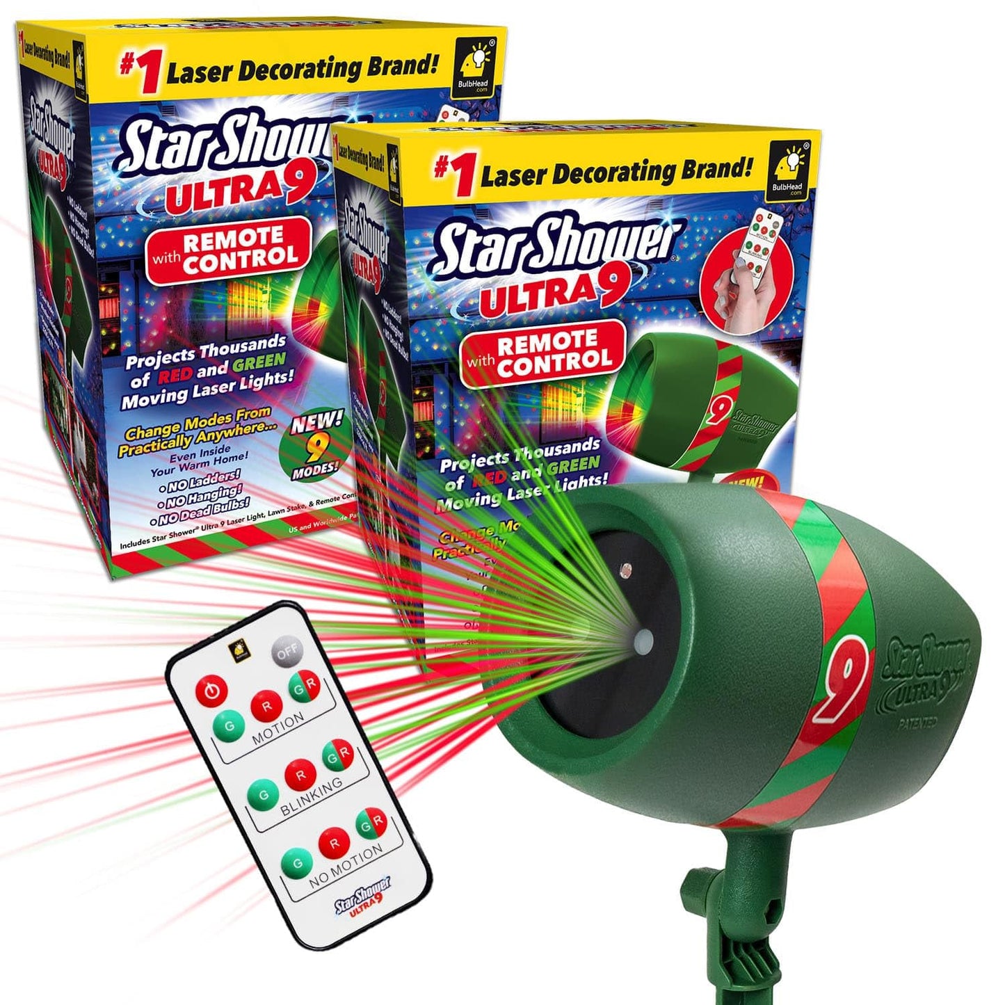 Star Shower Ultra 9 Outdoor Christmas Laser Holiday Projector with Remote, 2 Pack, w/ 9 Unique Patterns, Showers Home w/Thousands of Lights, 3 Color Combinations, Up to 3200 Sq Ft