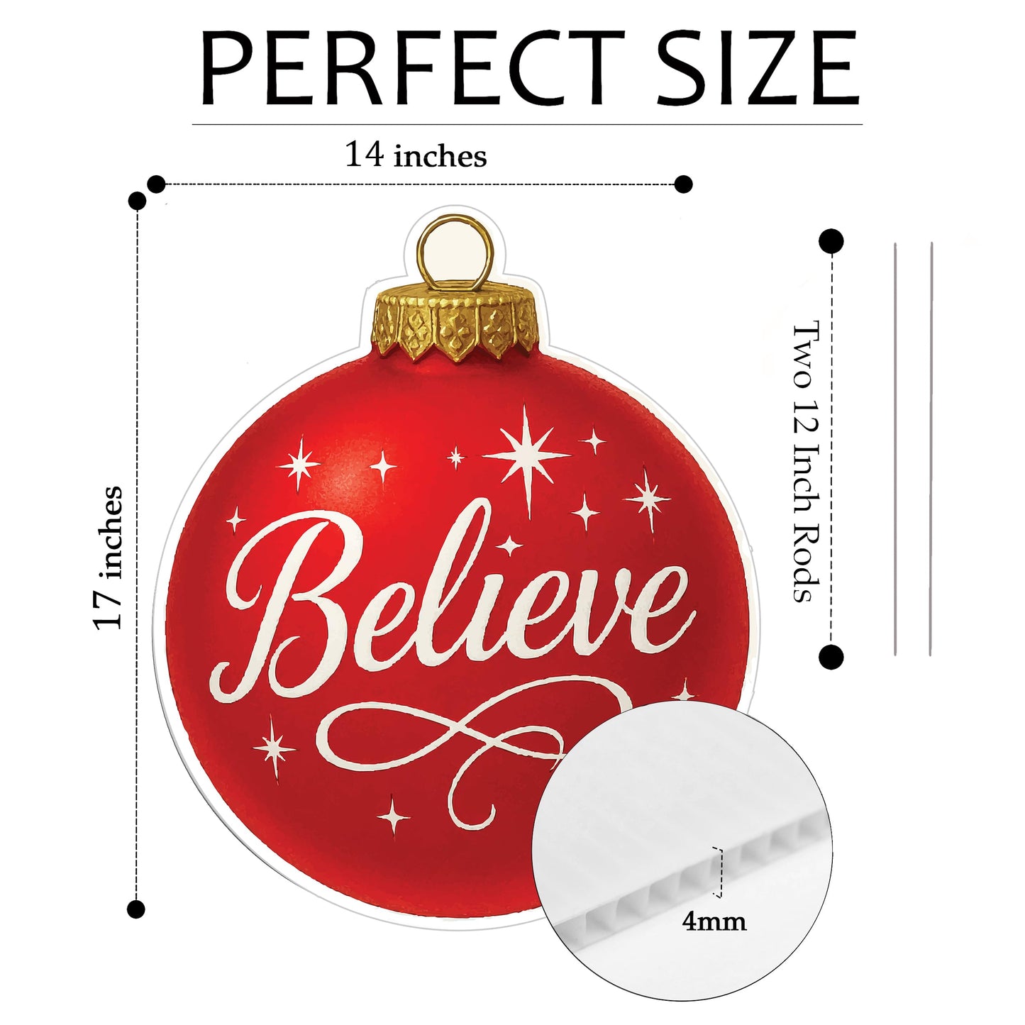 Believe Red Ornament Christmas Classic Yard Sign for Home Decor and Lawn Decoration With Stakes, Green Merry Christmas Sign