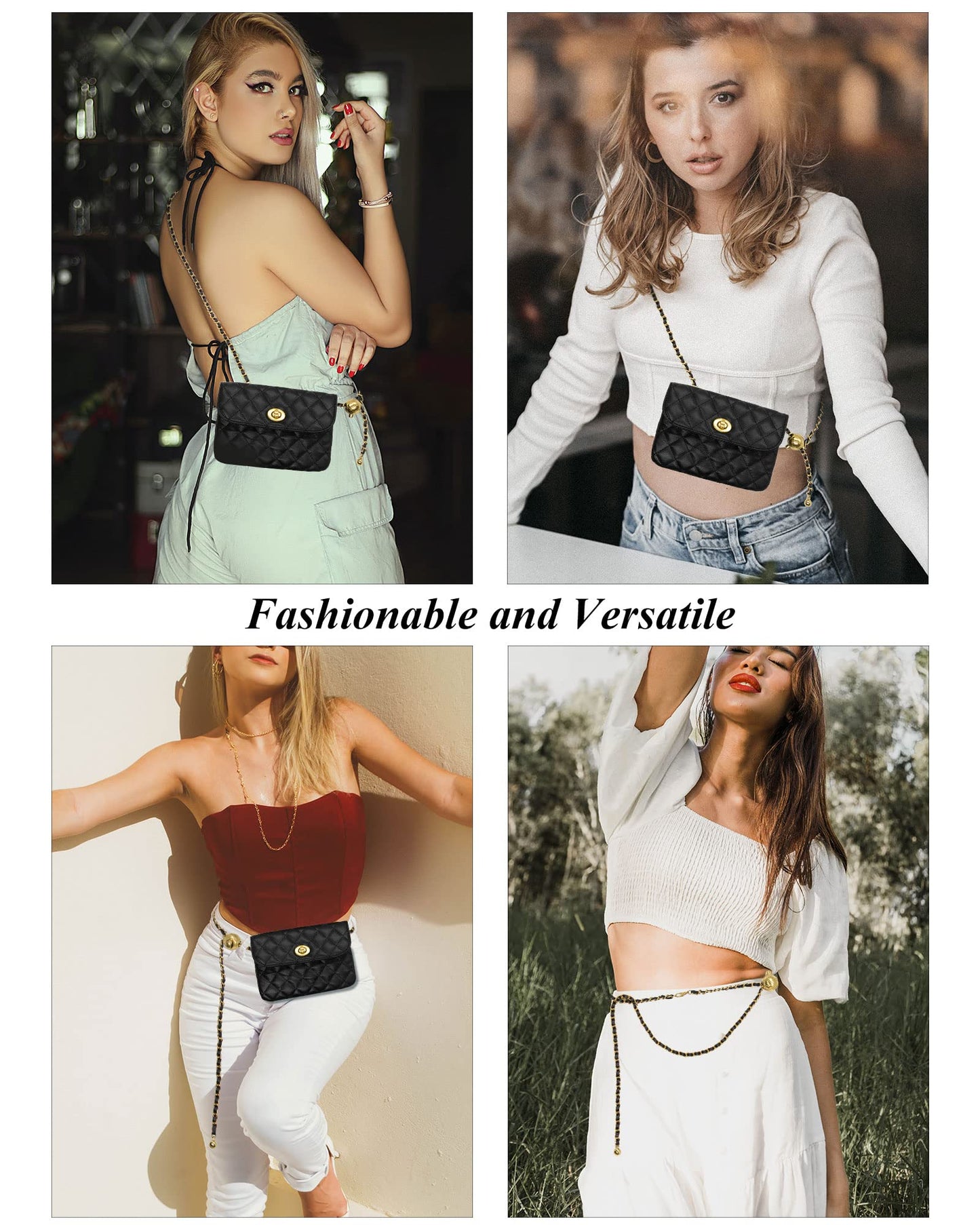 YAMEIZE PU Leather Chain Belt Bag for Women - Crossbody Waist Bag Fanny Pack Detachable Belt Chain Women Evening Mini Handbag