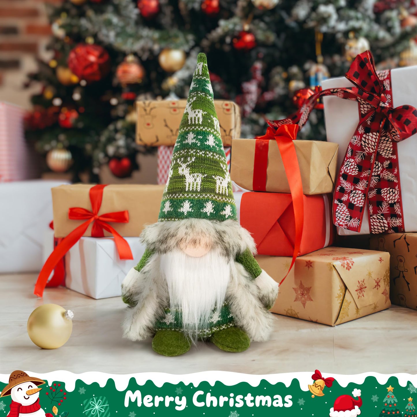 TACROART Gnome Christmas Decorations - Plush Nordic Figurine with Green Reindeer Knit Hat & Faux Fur Cloak, Rustic Tabletop Holiday Gnome Decor for Mantel, Shelf, or Gift Idea