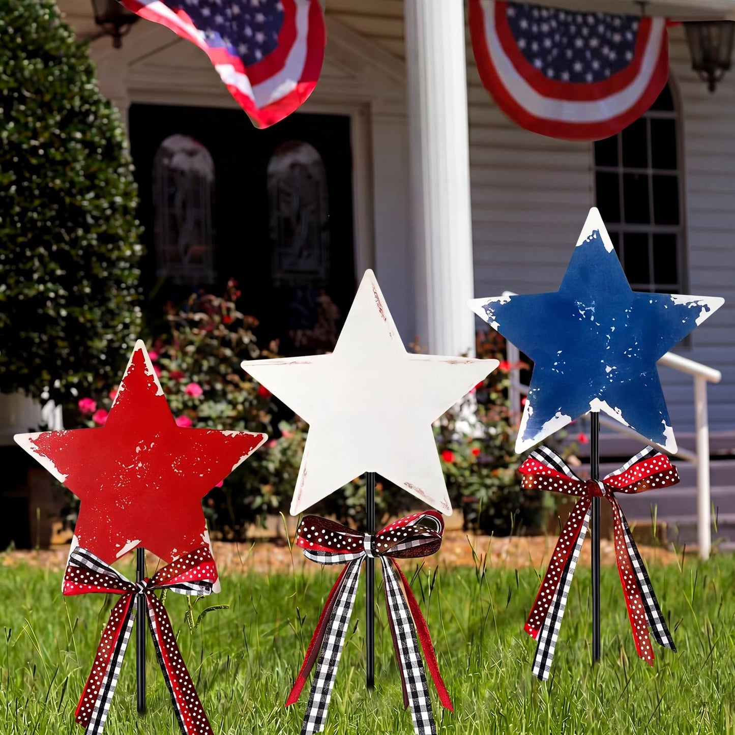 Amyhill 4th of July Outdoor Decor Patriotic Star Metal Garden Stakes Welcome Yard Signs Retro Red White Blue American Star Garden Stakes for 250th Anniversary Patio Lawn Walkway Outside Decorations