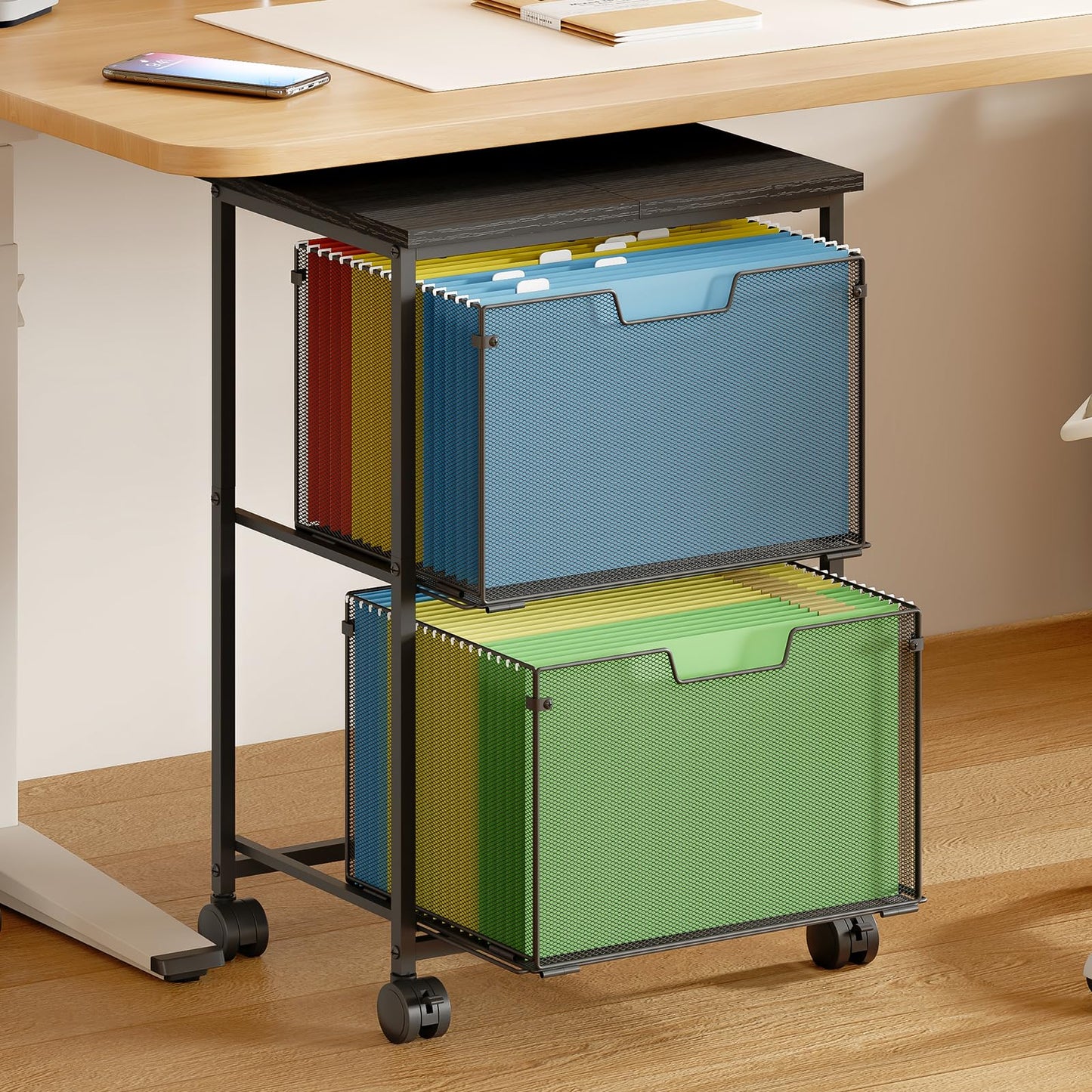 Sbanmao Letter/Legal Rolling File Cart with 2 Storage Drawers, Under Desk Storage, Vertical Filing Cabinet for Home Office, Hanging File Folders Organizer, Mobile Utility Cart Printer Stand, Black