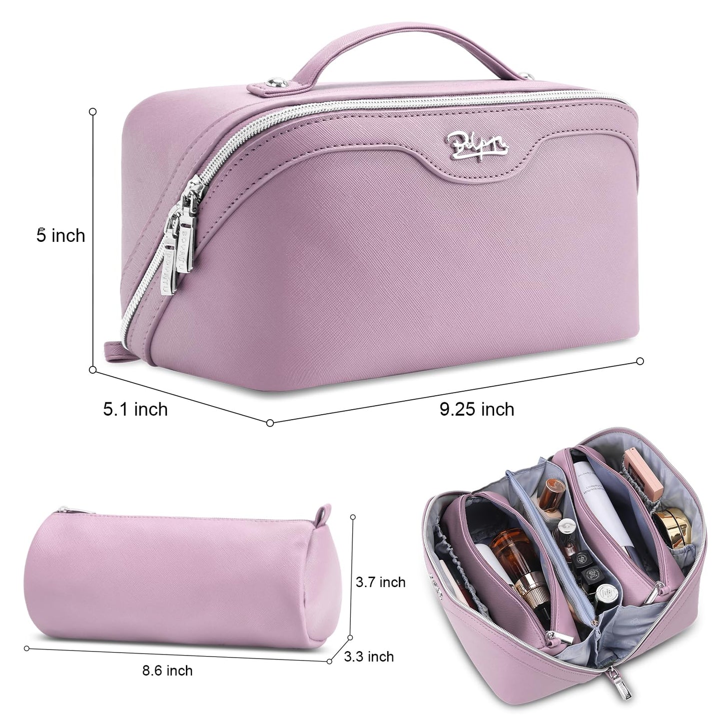 BOYATU Travel Makeup Bag Organizer Cosmetic Bag: 3 Pcs Set Make up Bags for Women with Handle - Waterproof Vegan Leather Toiletry Bags Travel Essentials Pouch with Compartments (C-06-Purple)