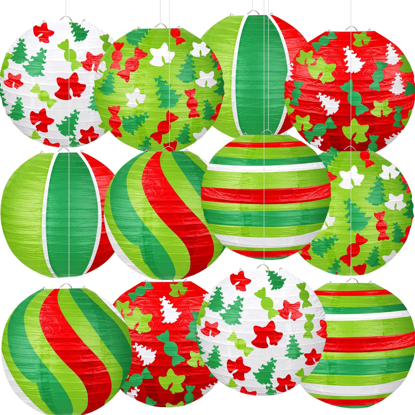 ADLKGG 12PCS Christmas Paper Lanterns Decorations - Hanging Xmas Lanterns with Trees, Bells, Stripes Patterns for Christmas in July & Winter Holiday Party Supplies, Home Patio Classroom Decor