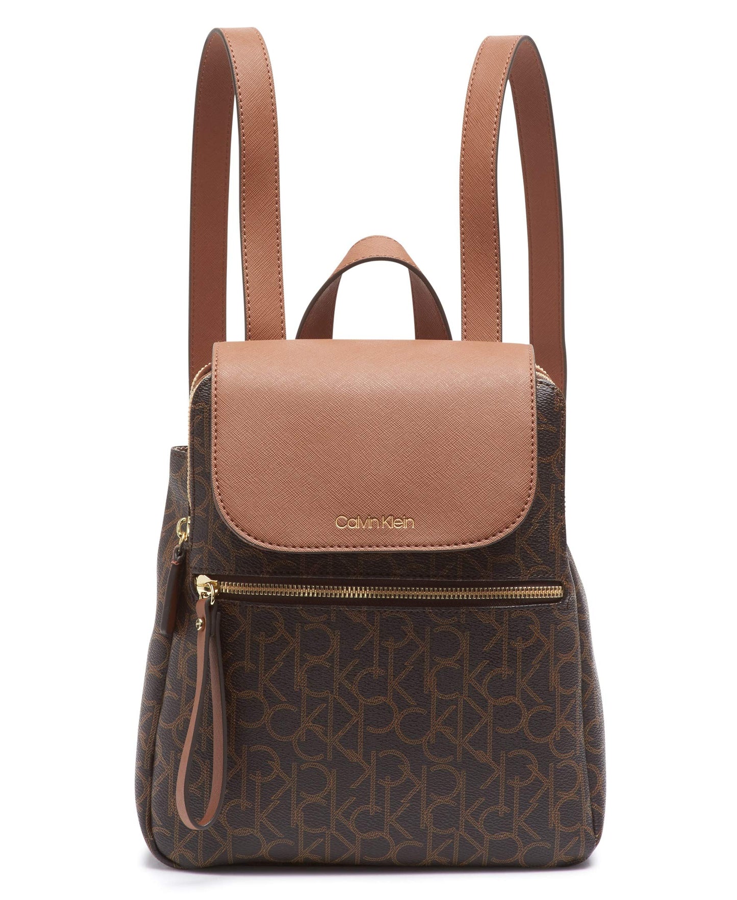 Calvin Klein Women's Elaine Signature Key Item Flap Backpack, Brown/Khaki/Luggage Saffiano, One Size
