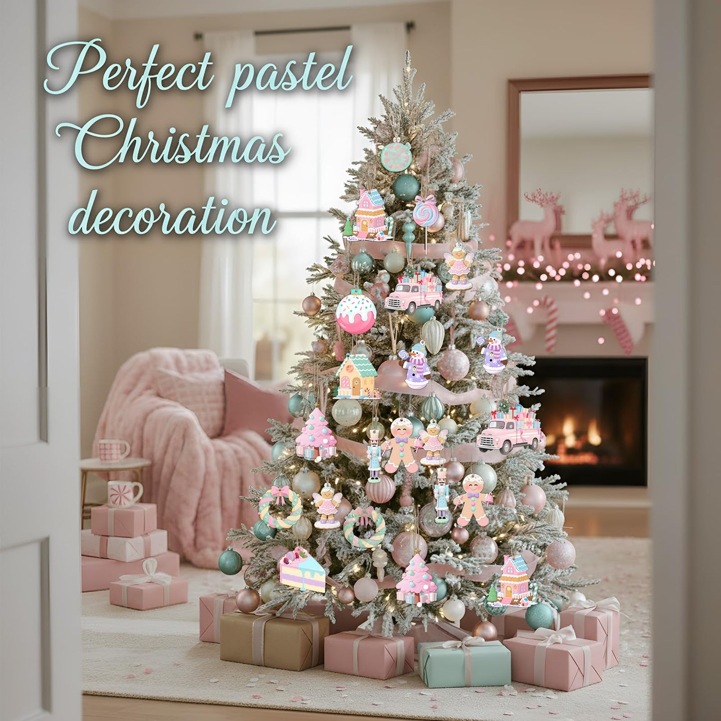 Kathfly 24 Pcs Pastel Christmas Tree Ornaments Candy Christmas Hanging Decor Wooden Gingerbread Man Lollipop Ice Cream Cake Ornament for Xmas Tree Garland Home Holiday Indoor Decor