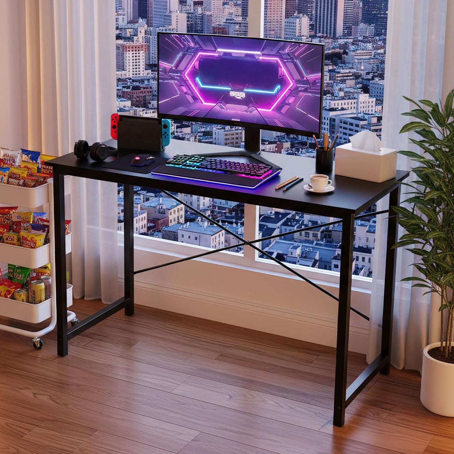 OLIXIS 47 Inch Computer Office Desk for Small Spaces, Writing Gaming Work Desk Modern Study Table with Storage Bag & Headphone Hook Home Bedroom, Black