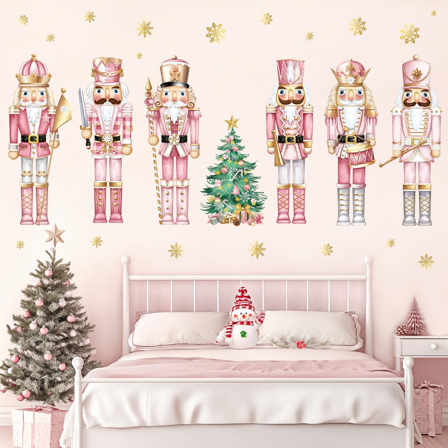 decalmile Christmas Pink Nutcrackers Window Wall Decals Christmas Trees Nutcracker Snowflakes Wall Stickers Living Room Childrens Room Christmas Party Window Wall Decorations