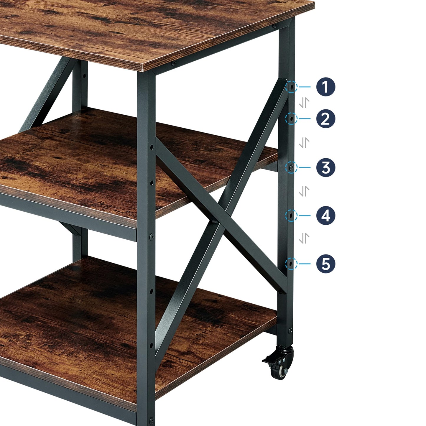 Fannova 23.6 x 23.6 Inches Large Printer Stand, 3 Tier Square Printer Table with Height Adjustable Storage Shelf, Rolling Printer Cart with Industrial Wheels for Home Office - Rustic Brown