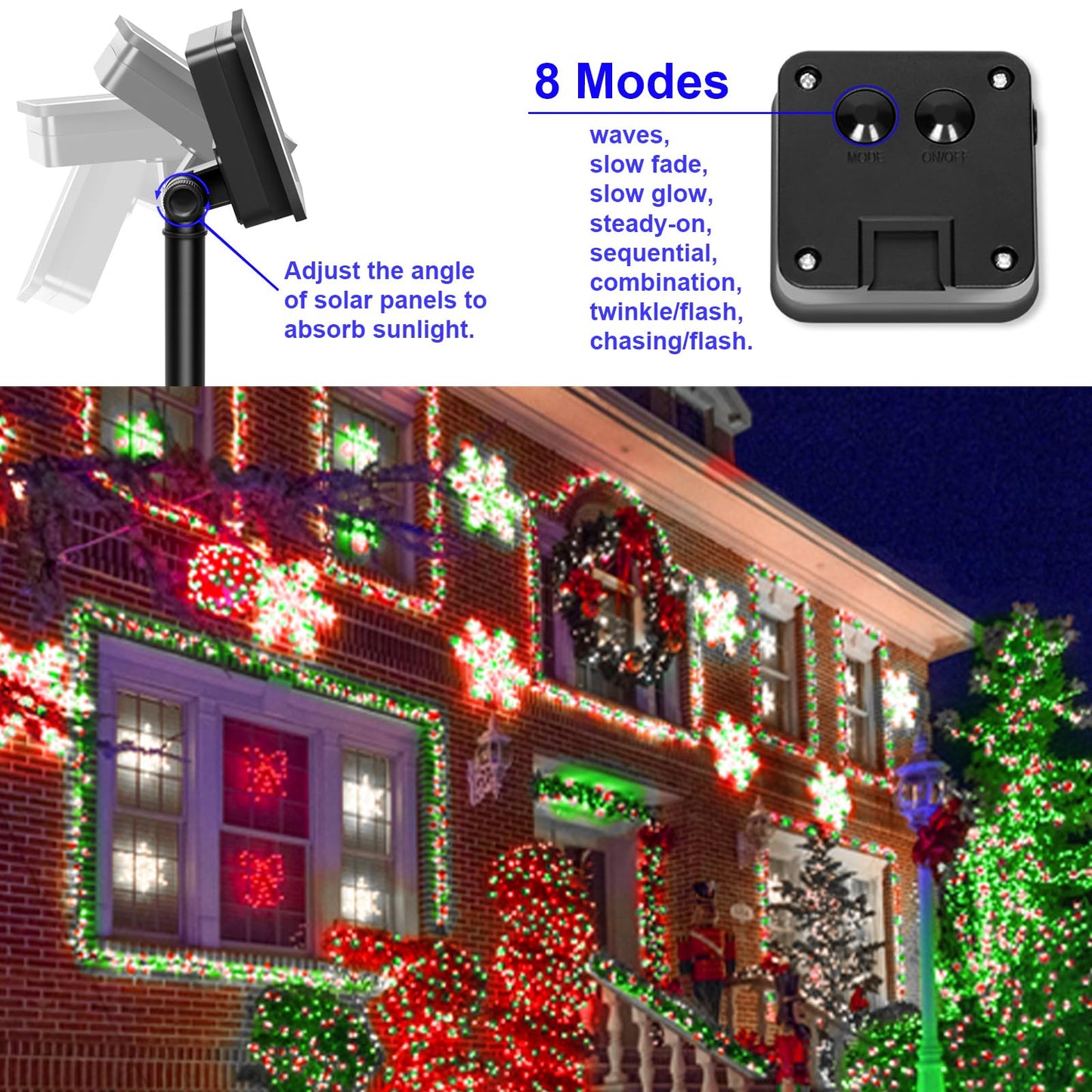 Solar Christmas Lights Outdoor Waterproof, Red White Green Fairy String Lights, IP67 2PACK Total 200LED 66FT with 8Modes, Outside Christmas Decorations Lights for Tree, Garden, Patio, Fence, Balcony