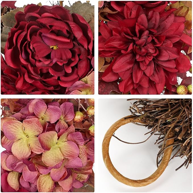 Hollyone 24inch Fall Wreath for Front Door Fall Decor Autumn Wreath Artificial Flower Wreaths with Hydrangea Peonies Dahlia Handmade Outdoor Indoor Halloween Farmhouse Harvest Decorations for Home