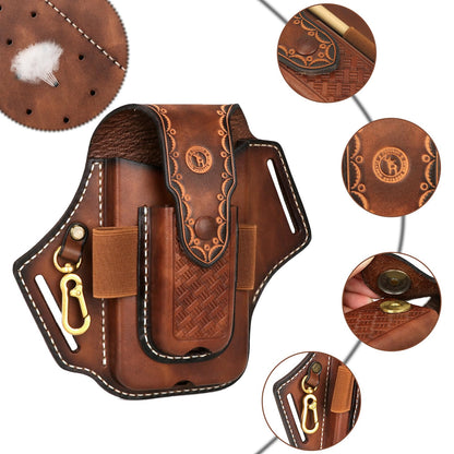Tourbon Leather Cell Phone Holster Pouch Case Tool Multitool Sheath Flashlight Slot Holder & Keychain Clip with Magnetic Closure for Belt (Brown)