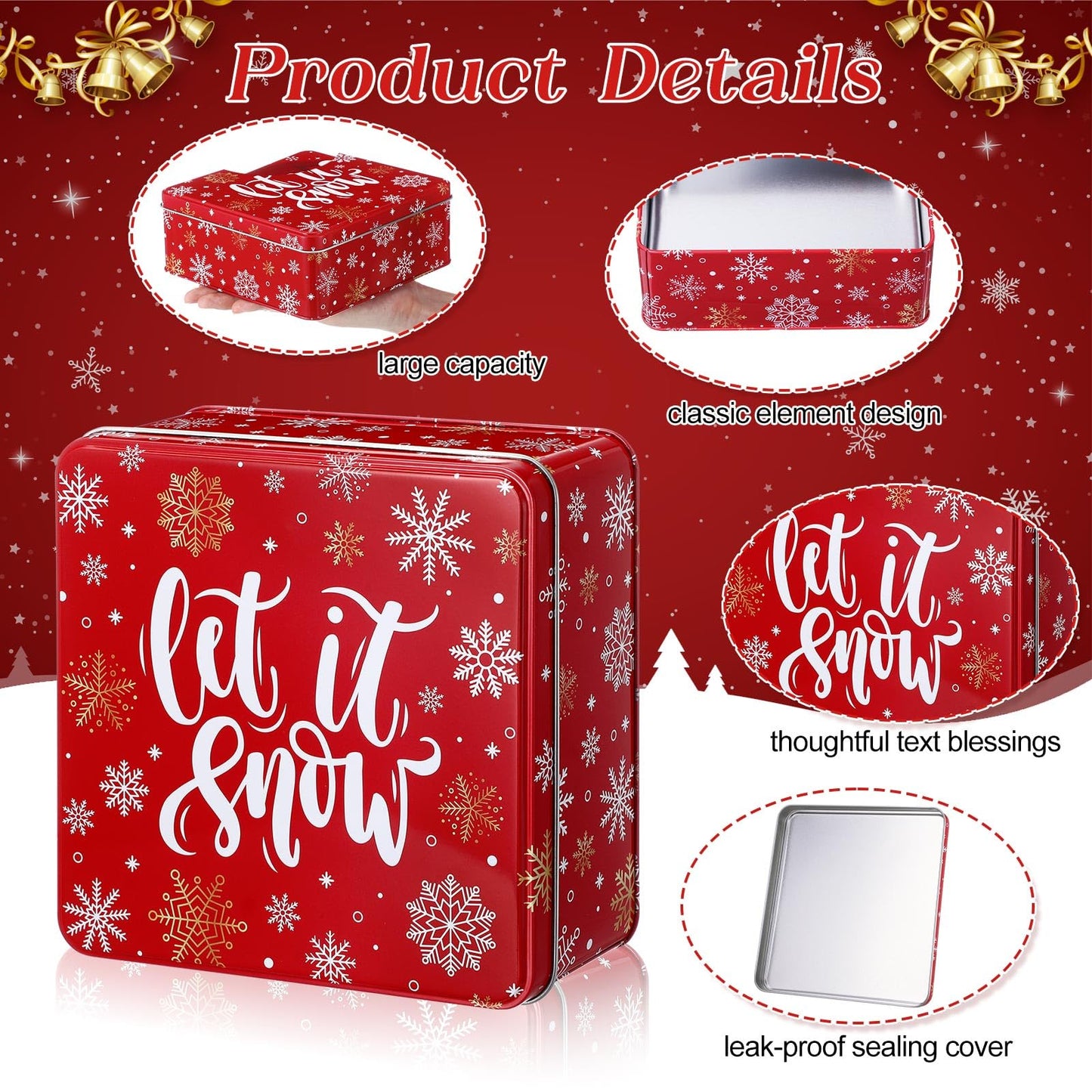 Tandefio 6 Pcs Christmas Cookie Tins with Lids for Gift Giving, 6.3 x 6.3 In Square Metal Holiday Empty Boxes Xmas Storage Containers for Storing Candy Cookie Biscuits Goody Treat Gifts (Red)