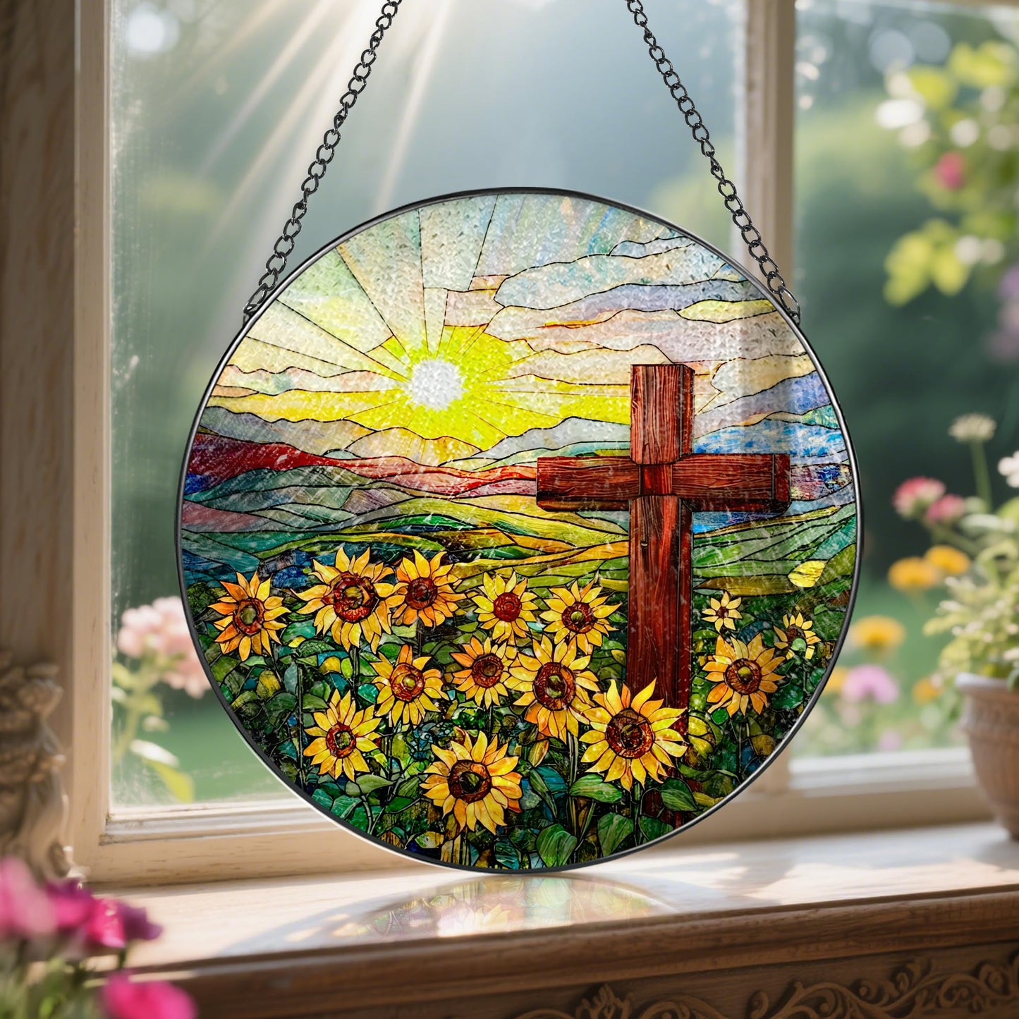 Cross Stained Glass Sun Catcher, Stained Glass Window Hanging, 8 Inch Suncatchers for Windows, Window Hanging Ornament, Easter Faith Home Decor, Cross Gifts, Gift for Religious, Christian Gifts