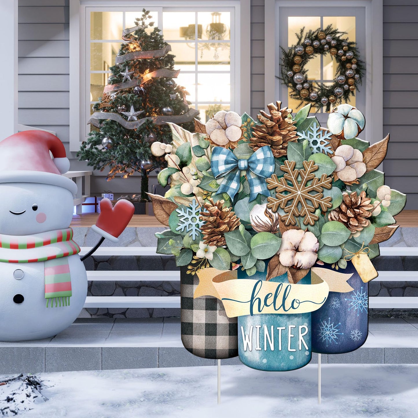 Memorywuu Metal Winter Christmas Decoration Hello Winter Yard Sign Stake 14.2 Inch Snowflake Mason Jar Outdoor Yard Decor for Christmas Party Outside Lawn Decorations Garden Patio Walkway