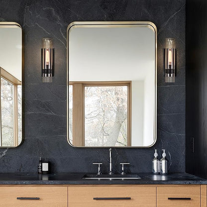 Indoor Wall Sconces Set of Two, Modern Black Bathroom Sconces Wall Decor with Cylinder Glass, Wall Lamps for Bedroom Hallway Vanity Kitchen Lighting Fixtures Set of 2