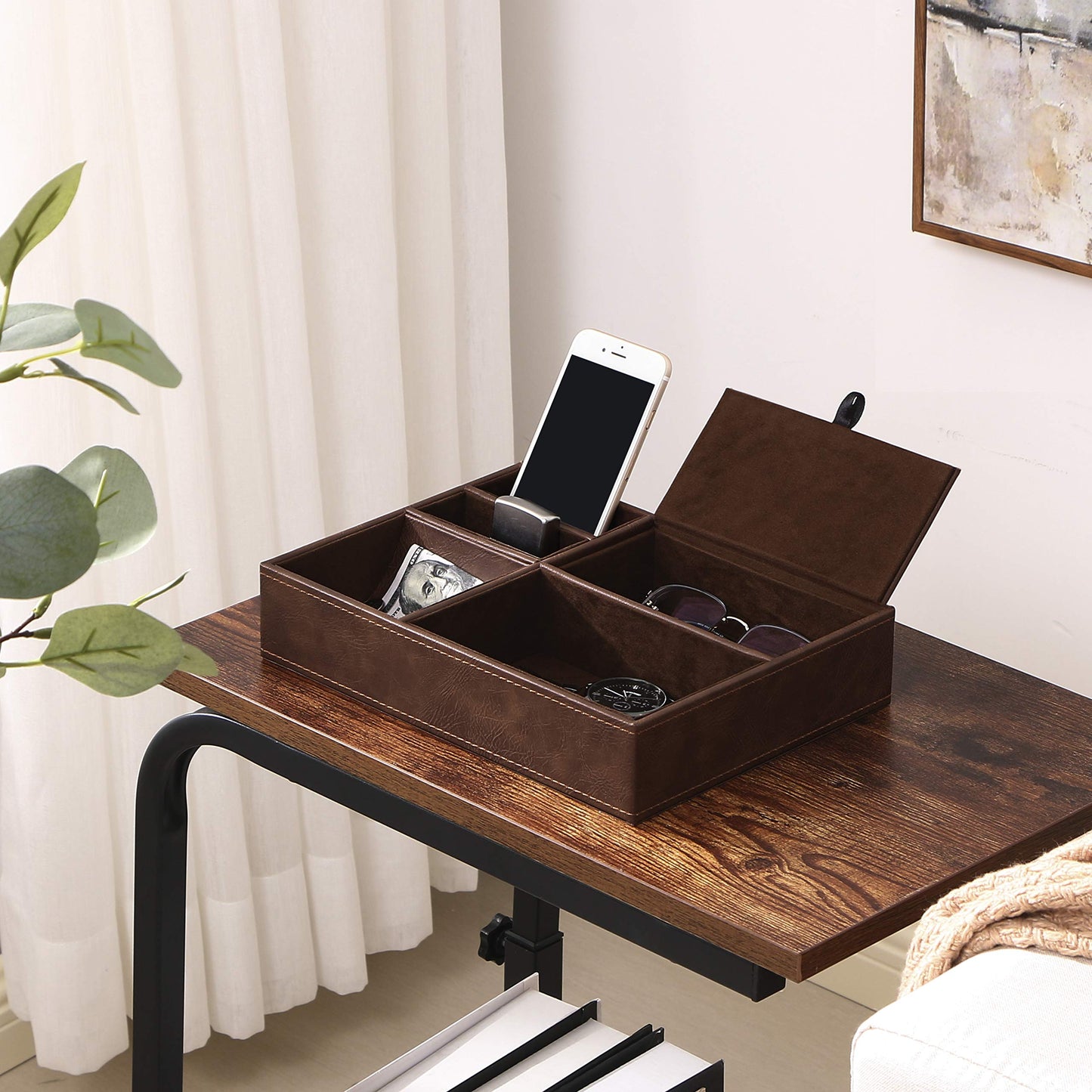 BEWISHOME Mens Valet Tray for men, Nightstand Organizer, Dresser Organizer, Catch All for Mens AccessoriesFaux Leather,Brown SSH06Z
