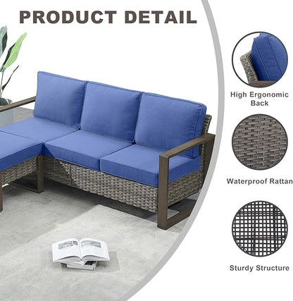 Outdoor Wicker Patio Furniture Set - 6 Piece Patio Conversation Set with 2 Wicker Armrest Chairs,2 Rattan Ottoman,1 Side Table and 1 Couch,Sturdy Frame,Thick Cushions,Deep Seating(Mixed Grey/Blue)
