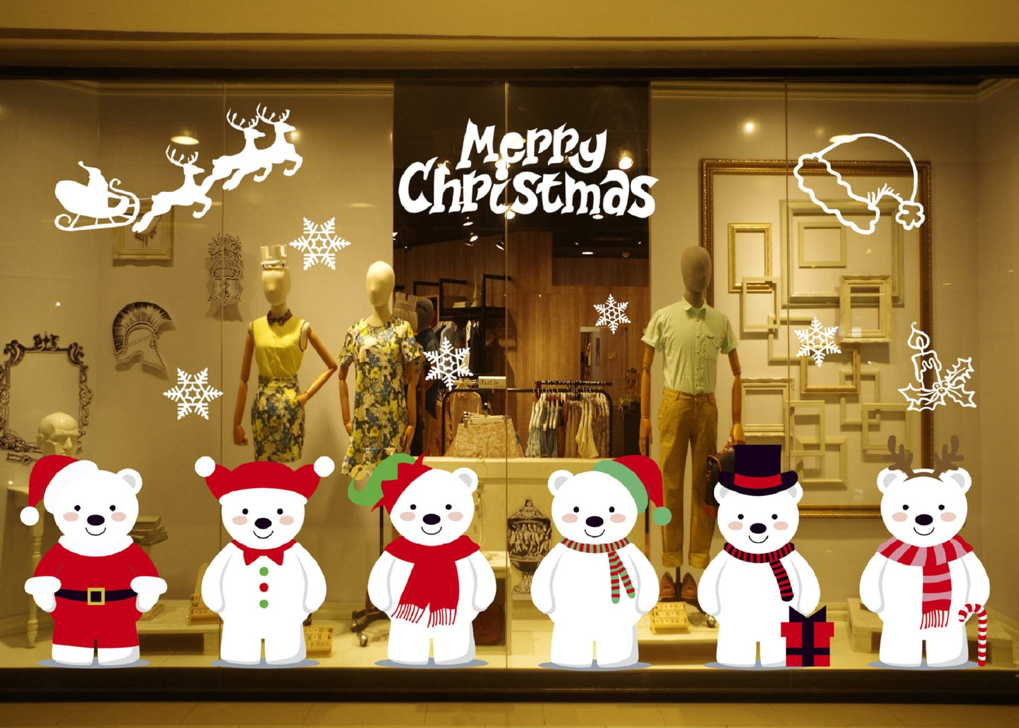 Yusongirl Christmas 6 Cute Bears Windows Stickers Decoration Snowflakes Bear Double Sided Electrostatic PVC Sticker Glass Door Fridge Showcase Window Clings Winter Holiday New Year Decals