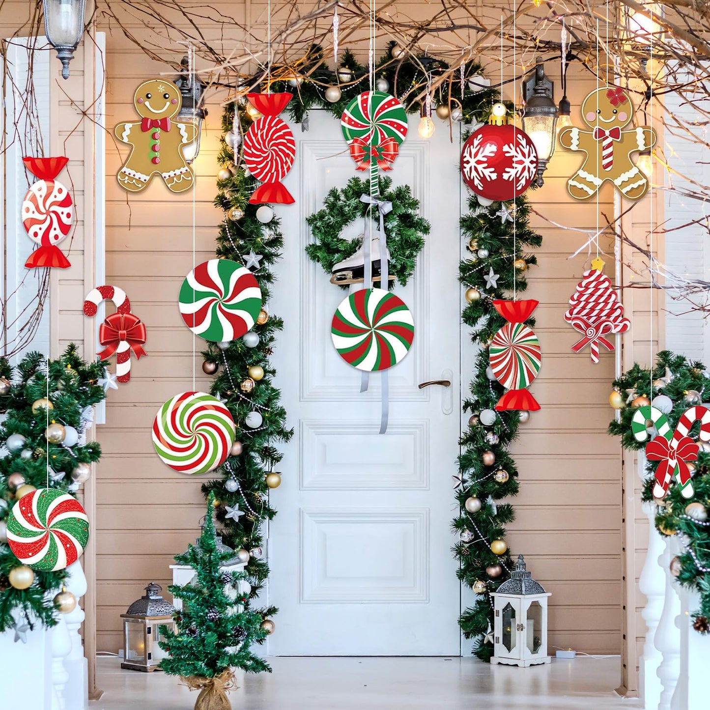 18 Pcs Gingerbread Christmas Ornaments, Candy Gingerbread & Peppermint Yard Signs, Outdoor Xmas Hanging Ornaments for Lawn, Festive Winter Party Supplies