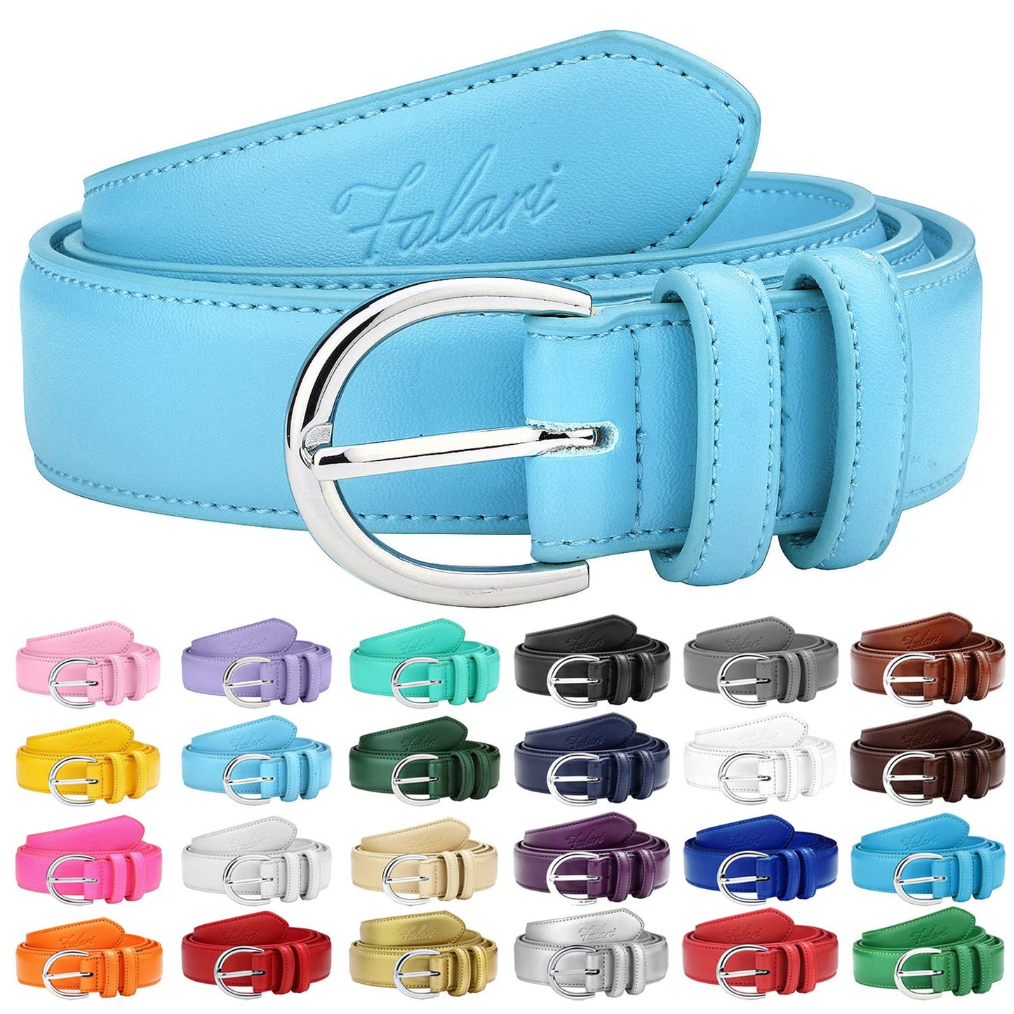 Falari Women Genuine Leather Belt Fashion Dress Belt With Single Prong Buckle 6028-LightBlue-L