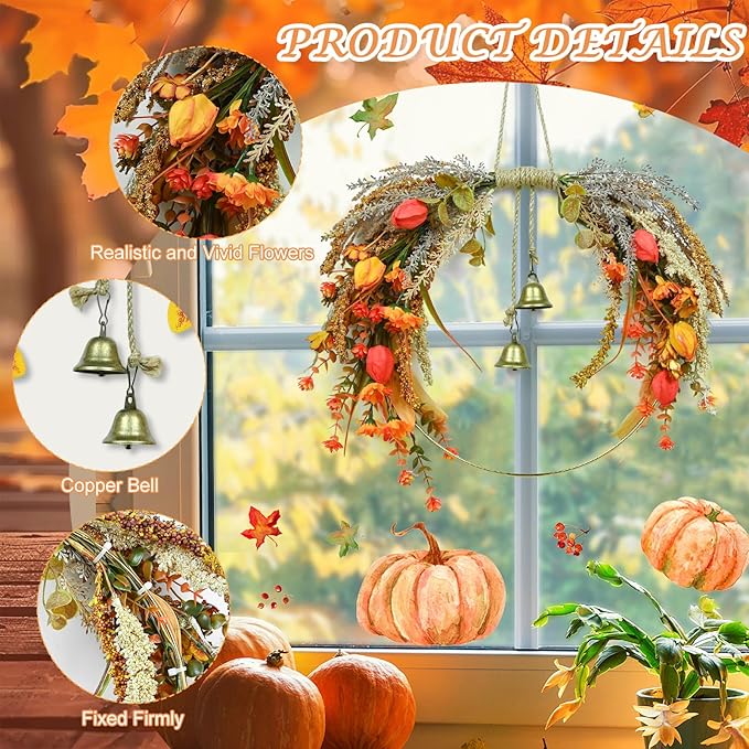 Fall Leaves Wreaths for Front Door Outside Fall Wreath with Colorful Mixed Leaves, Autumn Eucalyptus Artificial Wreath for Thanksgiving Front Door Window Home Wall Farmhouse Outdoor Indoor Décor