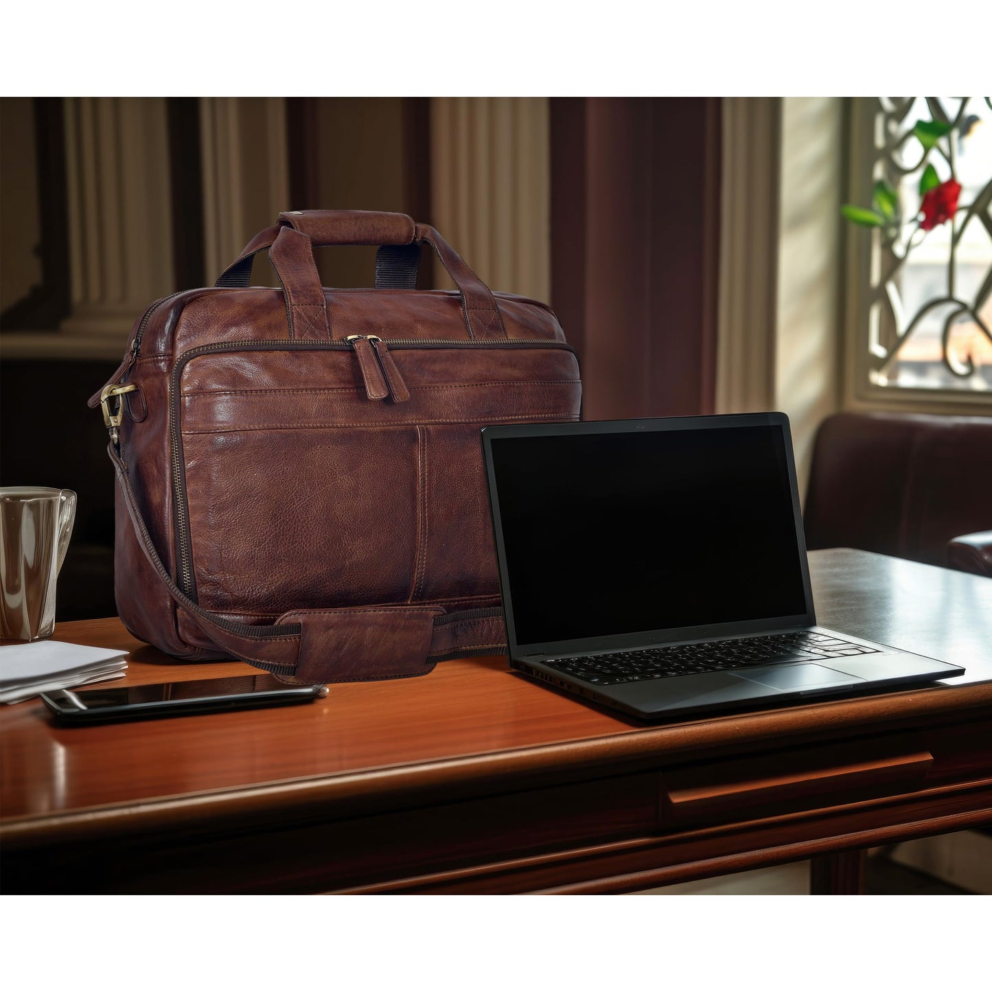 Oak Leathers Leather Messenger Bag for Men and Women - Laptop Briefcase Bag For College, Office, Adjustable Shoulder Strap (Brown Vintage New)