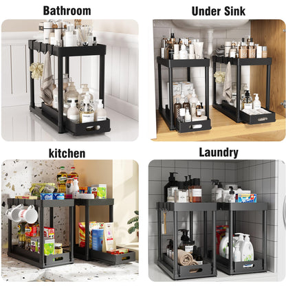 2PC Under Sink Organizer Rack 2 Tier Under Sliding Cabinet Basket Organizer Drawer with 4 Hooks, Multi-purpose Under Sink Storage for Bathroom Kitchen Desktop（Black）